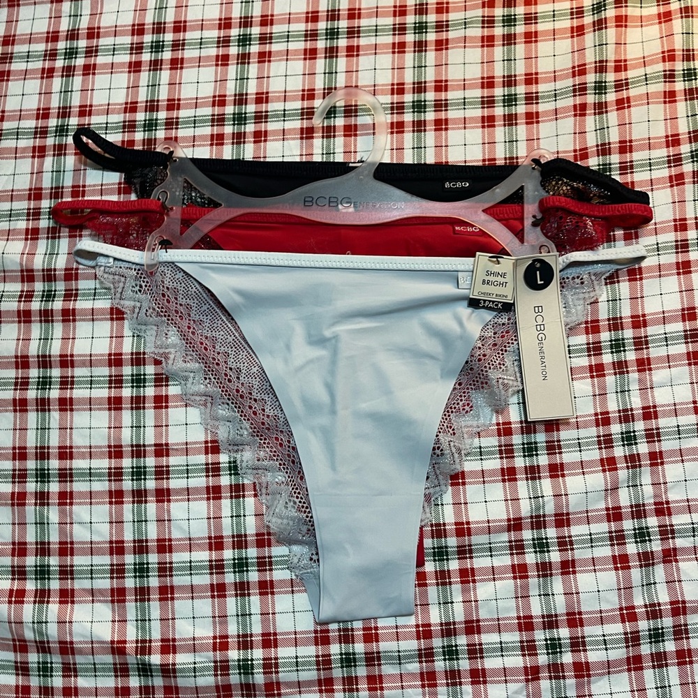 BCBG Lace Trim Panty Trio in Black, Red, and Light Blue